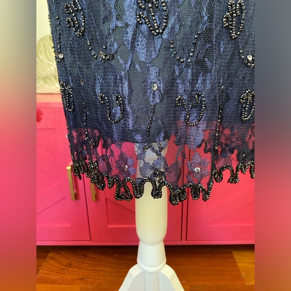 VTG SCALA NAVY BLUE BEADED EVENING GOWN DRIPPY HEM SEQUINED PS PETITE SMALL - Picture 3 of 12